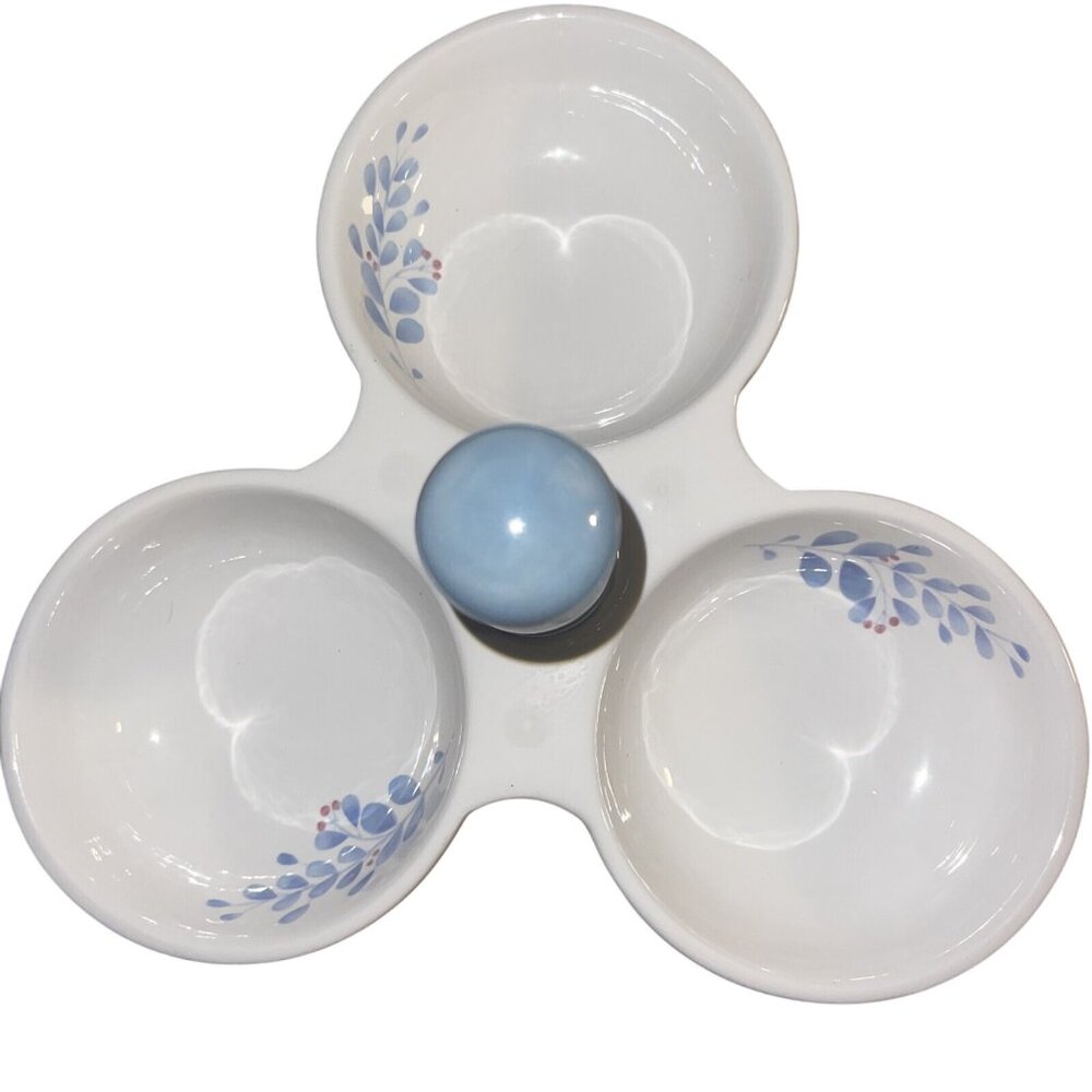 Pfaltzgraff Three Section Serving Dish Candy  Relish Appetizer Bowl Blue Floral